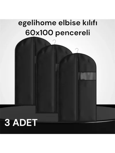 3 Adet Şeffaf Pencereli60x102 Siyah Takım Elbise Kılıfı ( 80gr Nonwoven Tela) Kaliteli Fermuarlı